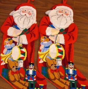 2 Vintage Needlepoint Cross Stitch Stockings Santa Toys Bear Doll Train Drum